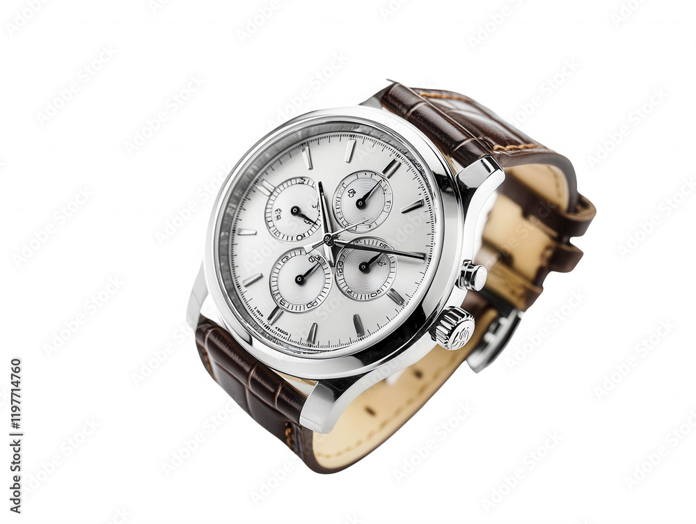 Elegant Men s Chronograph Wristwatch with Brown Leather Strap Silver Dial Close up Studio Shot Elegant Men s Chronograph Wristwatch with Brown Leather Strap Silver Dial Close up Studio Shot