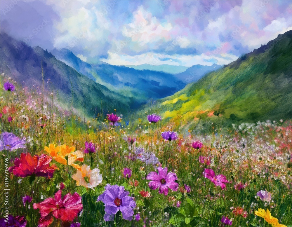 Obraz premium Vibrant mountain landscape with colorful wildflowers blooming in a serene valley