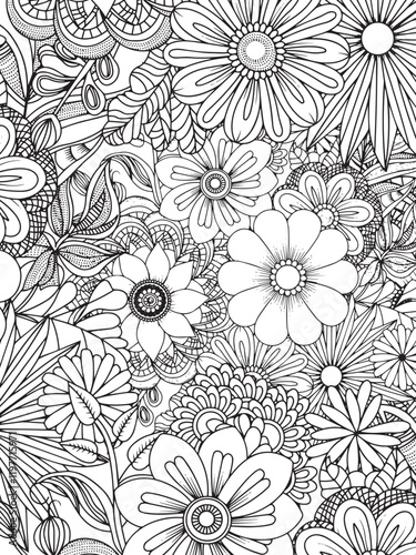 Floral Symphony in Monochrome: A stunning monochrome floral illustration of various detailed flowers, intricately arranged to create a harmonious composition. 