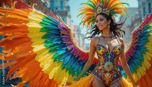 beautiful smiling Woman dancer in brazilian Carnival Rio de Janeiro, samba carnival costume with colorful feathers plumage. photo