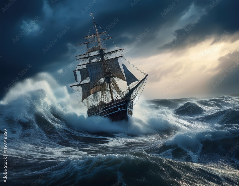 Obraz premium Majestic firefly ship navigating stormy waves in the vast ocean under dark clouds