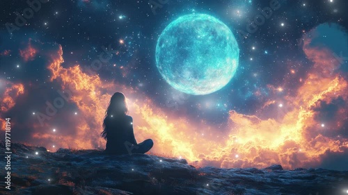 Contemplation under the luminous night sky with a celestial moon and radiant clouds seamless looping 4K time-lapse virtual video animation background