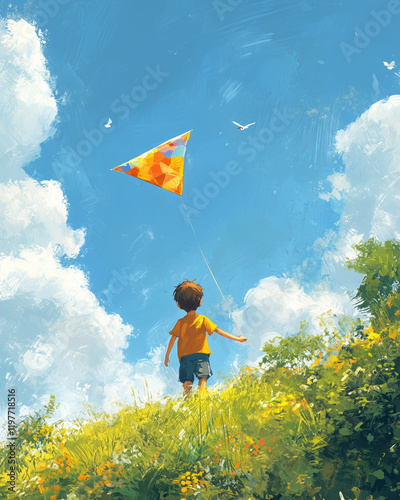 Child Flying a Kite on a Sunny Hill with Vibrant Skies and Natural Beauty