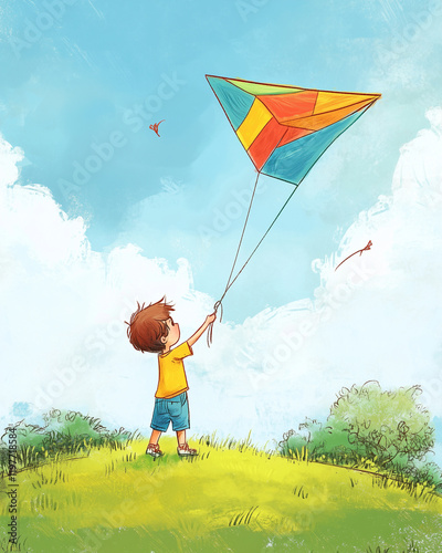 Child Flying a Kite on a Sunny Hill with Vibrant Skies and Natural Beauty