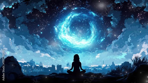 Meditative journey beneath a cosmic sky filled with stars and swirling galaxies near a tranquil cityscape seamless looping 4K time-lapse virtual video animation background