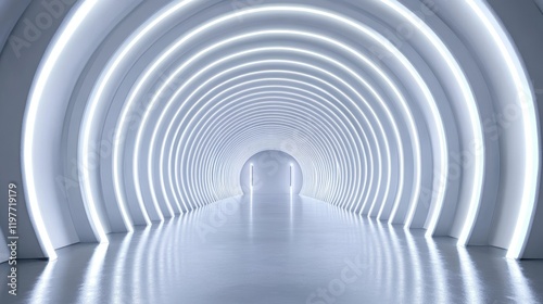 Fototapeta Naklejka Na Ścianę i Meble -  Futuristic White Tunnel Corridor - Abstract image of a sleek, modern white tunnel with glowing circular lights, creating a futuristic and clean aesthetic. Ideal for technology, architecture, and desig