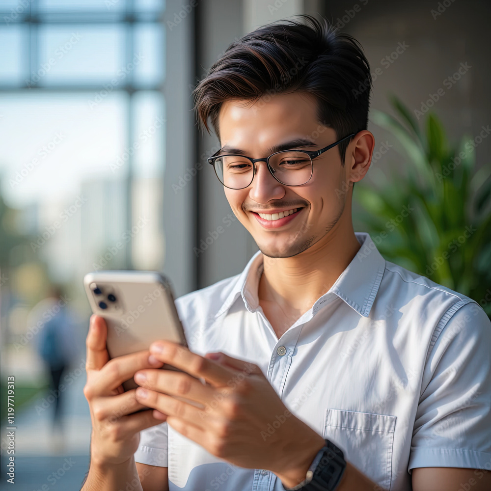 Young Man Smiling at Smartphone – Modern Communication Young Man Smiling at Smartphone – Modern Communication