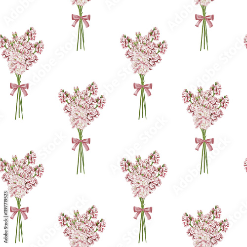 Bouquets of pink flowers are tied with a silk ribbon with a small bow. Seamless pattern. Watercolor illustration. Mathiolla or lilac spring flower. Delicate simple drawing for a girl photo
