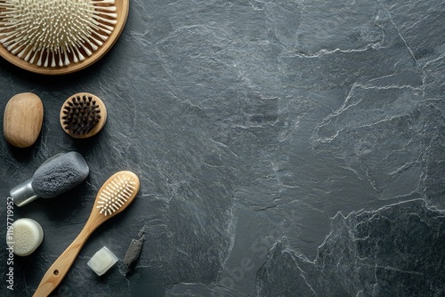 Natural Wooden Bath Brushes and Accessories on Slate photo