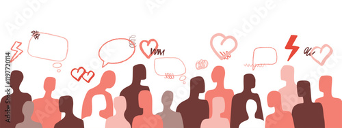 A minimalistic illustration depicting a group of people with hand-drawn hearts and dialogue bubbles above them. The concept of love and unity.