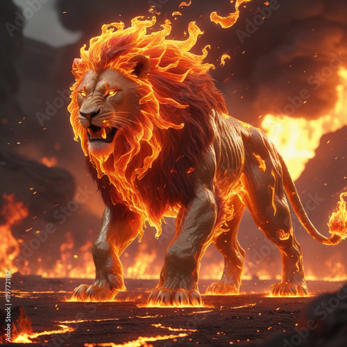 A colossal, ferocious lion composed entirely of molten, liquid fire, standing in the middle of a scorched battlefield. Its fiery body radiates intense heat, with flames constantly flowing and dripping photo