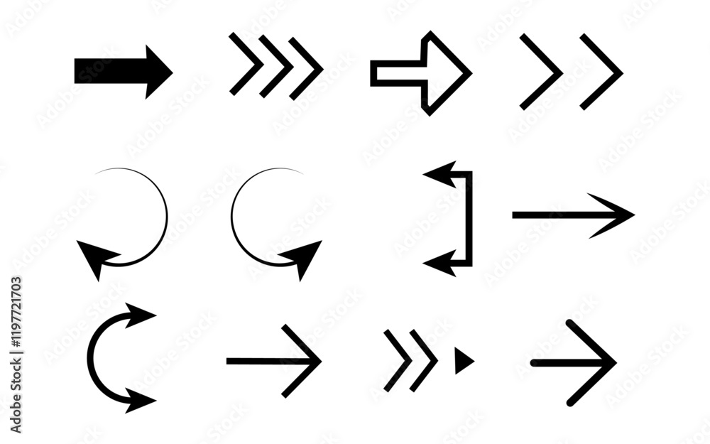 Collection of Simple Black Arrows on White Background