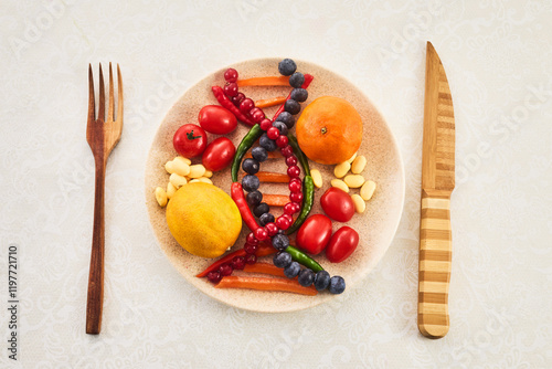 DNA food and genetically modified foods, DNA helix structure on plate.