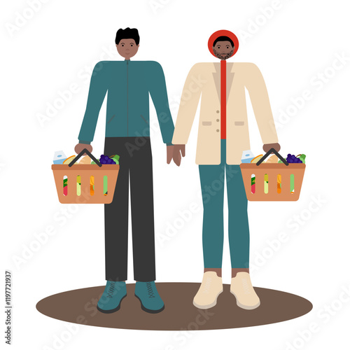 Black family shopping together. Vector flat illustration of African American father holding grocery basket, mother pushing  shopping cart and daughter holding juice bottle.