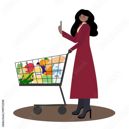  Vector flat design of a black woman in a coat pushing a grocery cart and holding a smartphone with a shopping list. Perfect for digital ads, retail websites, and mobile grocery shopping apps.