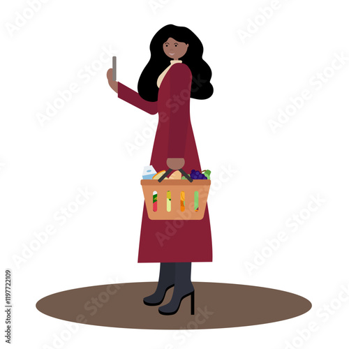  Black woman in coat shopping with an orange basket and smartphone in hand, side view. Flat vector illustration.