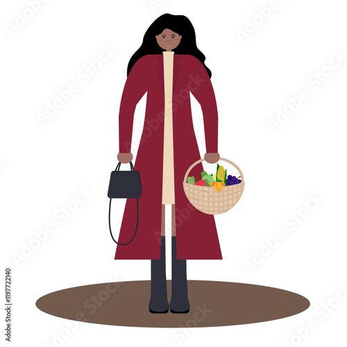  Vector flat illustration of a black woman in a coat holding a woven basket of groceries. Ideal for local market ads, organic food promotions, and fall-themed lifestyle content.