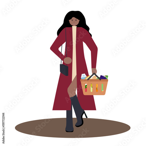  Black woman in coat holding orange shopping basket filled with groceries, front view. Vector illustration for food delivery services, retail ads, supermarket promotions focusing on healthy lifestyle.