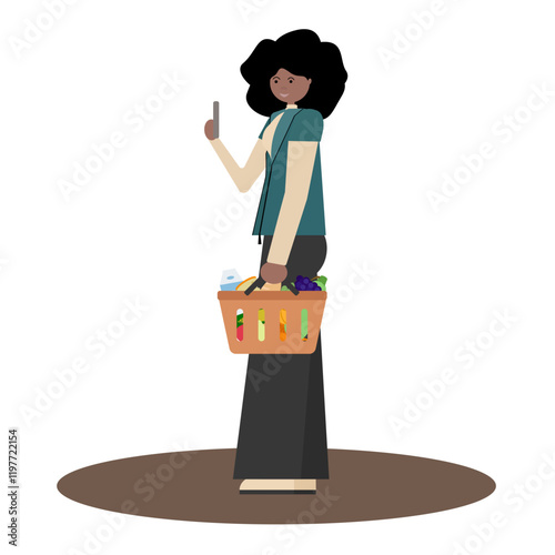 Black family shopping together. Vector flat illustration of African American father holding grocery basket, mother pushing  shopping cart and daughter holding juice bottle.