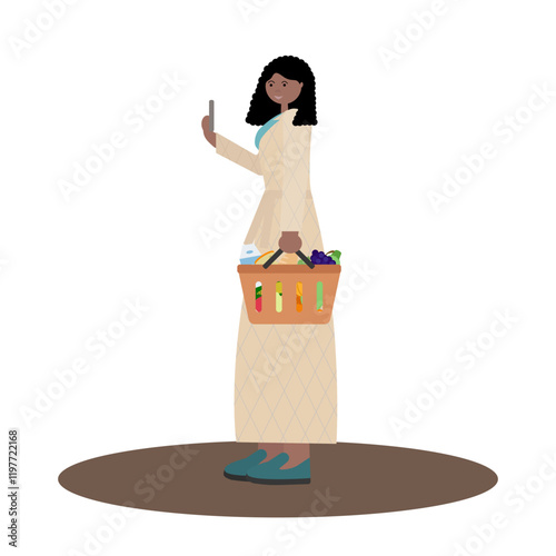  Flat vector illustration of black woman in coat holding orange basket of groceries and phone with shopping list, side view, on white background. For digital shopping apps, tech-driven retail ads
