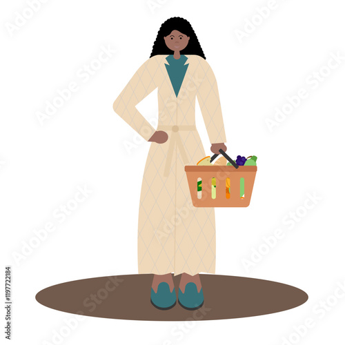  Vector illustration in flat style of black woman in coat holding an orange grocery basket, front view, on white background. For fashion-forward retail ads, online stores, seasonal shopping campaigns.
