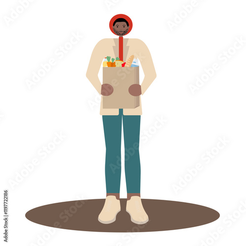  Vector illustration in flat style of bearded black man in hat holding paper bag with groceries. For e-commerce websites, supermarket ads, and digital marketing campaigns focused on diversity.