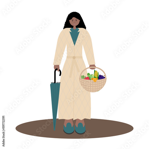  Flat vector illustration of black woman in coat holding an umbrella and woven basket of groceries, on white background. 
