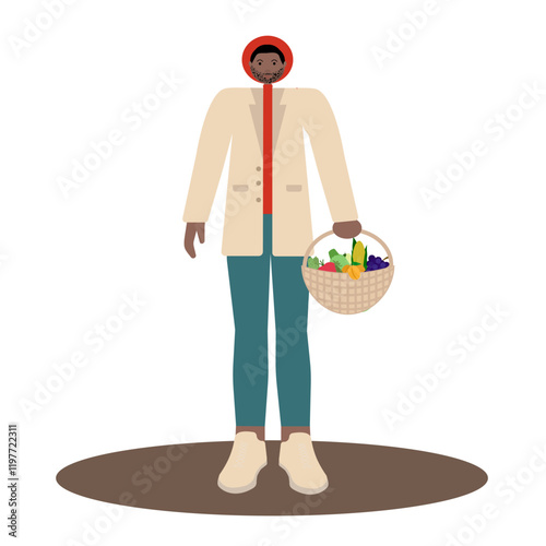 Vector illustration in flat style of bearded black man in hat holding woven basket of groceries. Ideal for eco-friendly shopping campaigns, farmers market promotions, and sustainability-focused ads.