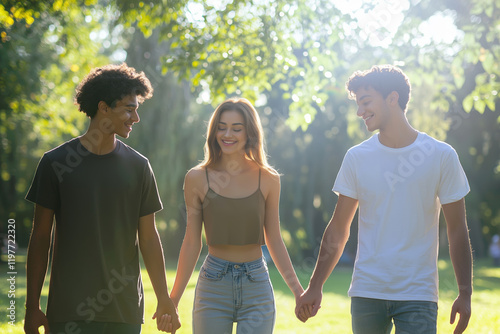 A romantic date of two men and one woman in nature or love triangle. Concept of polygamy, threesomes.