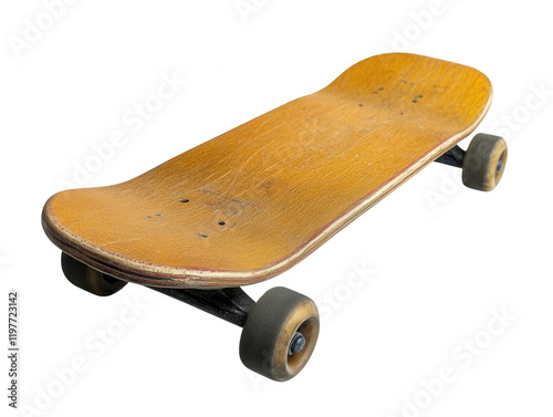 Vintage worn yellow skateboard deck isolated transparent background photo