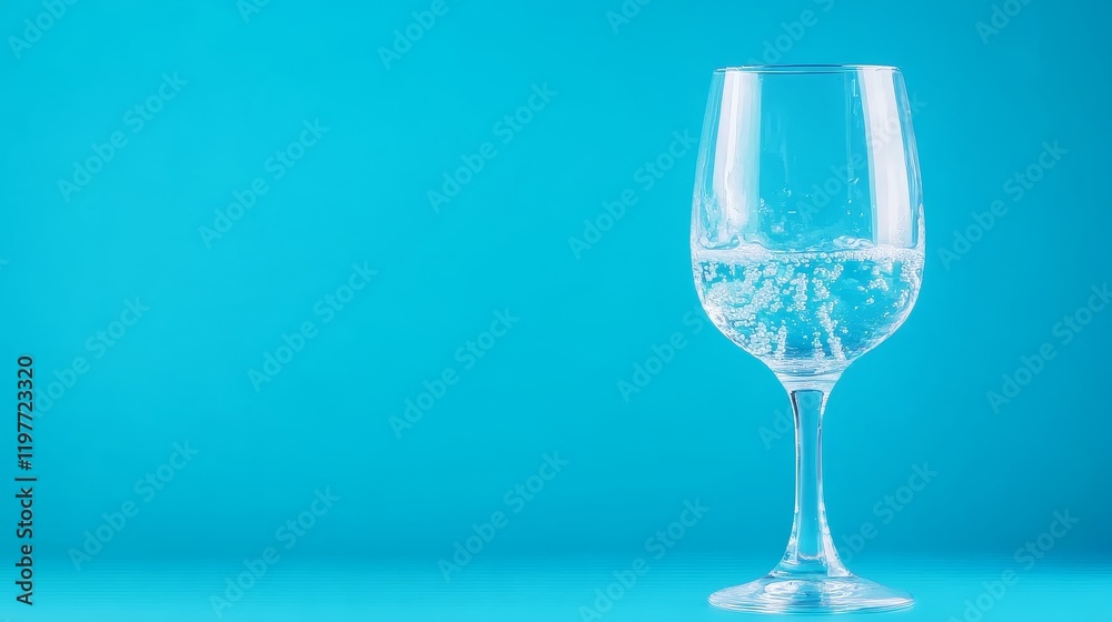 Sparkling Water in Glass - A glass of sparkling water sits against a vibrant blue background. Bubbles rise in the clear liquid. Sparkling Water in Glass - A glass of sparkling water sits against a vibrant blue background. Bubbles rise in the clear liquid.