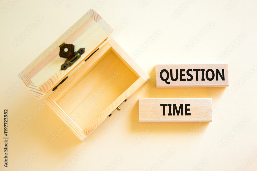Question time symbol. Concept words Question time on beautiful wooden blocks. Beautiful white background. Wooden empty chest. Business and question time concept. Copy space. Question time symbol. Concept words Question time on beautiful wooden blocks. Beautiful white background. Wooden empty chest. Business and question time concept. Copy space.