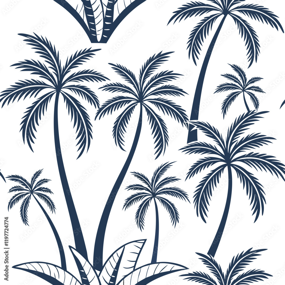 Seamless palm tree vector pattern on a white background, perfect for tropical-themed designs and projects Seamless palm tree vector pattern on a white background, perfect for tropical-themed designs and projects