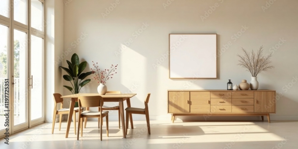 Bright Sunlight Illuminates Minimalist Dining Room with Light Wood Furniture and Simple Decor Bright Sunlight Illuminates Minimalist Dining Room with Light Wood Furniture and Simple Decor
