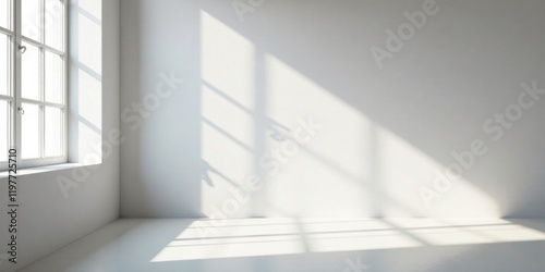 Sunlight streams through a window casting shadows on a pristine white wall in an empty room, creating a minimalist and serene atmosphere.