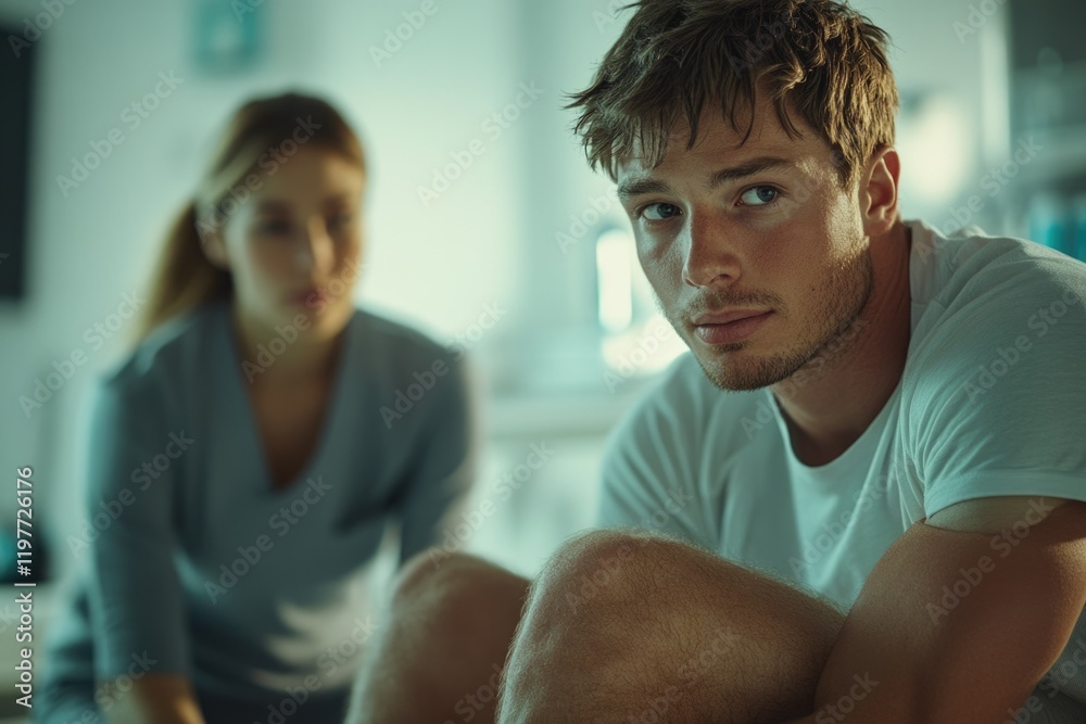 Fototapeta premium A young man sits pensively, his gaze directed forward, while a blurred woman is in the background, suggesting a moment of contemplation or emotional distance.