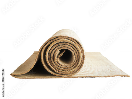 Rolled Natural Fiber Yoga Mat Eco Friendly Exercise Mat Light Beige Textured Surface Studio Shot