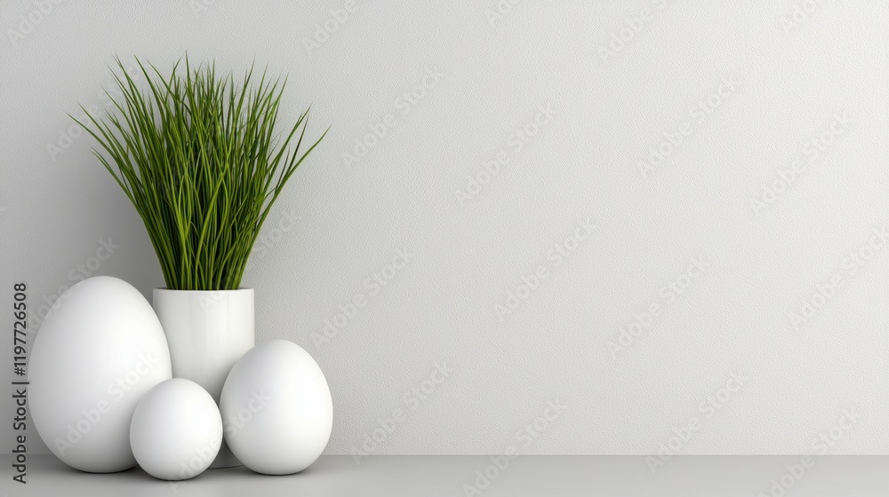 three white eggs and a plant in a vase