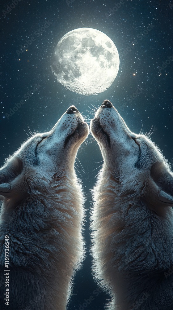 Obraz premium Spectral wolves howling under moonlight enchanted forest wildlife mystical atmosphere close-up viewpoint