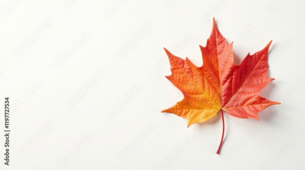 A single vibrant autumn leaf, showcasing the transition of colors from orange to red, rests on a pristine white background. A single vibrant autumn leaf, showcasing the transition of colors from orange to red, rests on a pristine white background.