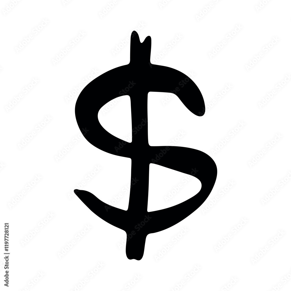 Hand drawn dollar currency symbol. Brush stroke doodle. Single element for design