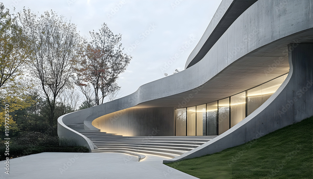 Fototapeta premium Minimalist architecture with open concrete spaces, curved walls, and showcase courtyard design -