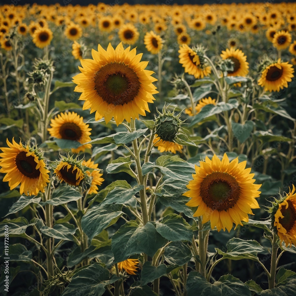 Fototapeta premium Bright yellow sunflowers in a summer meadow.