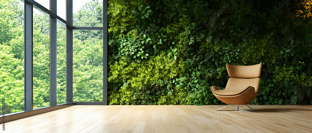 Fototapeta premium Minimalist room with wooden flooring and vibrant green wall for text placement -