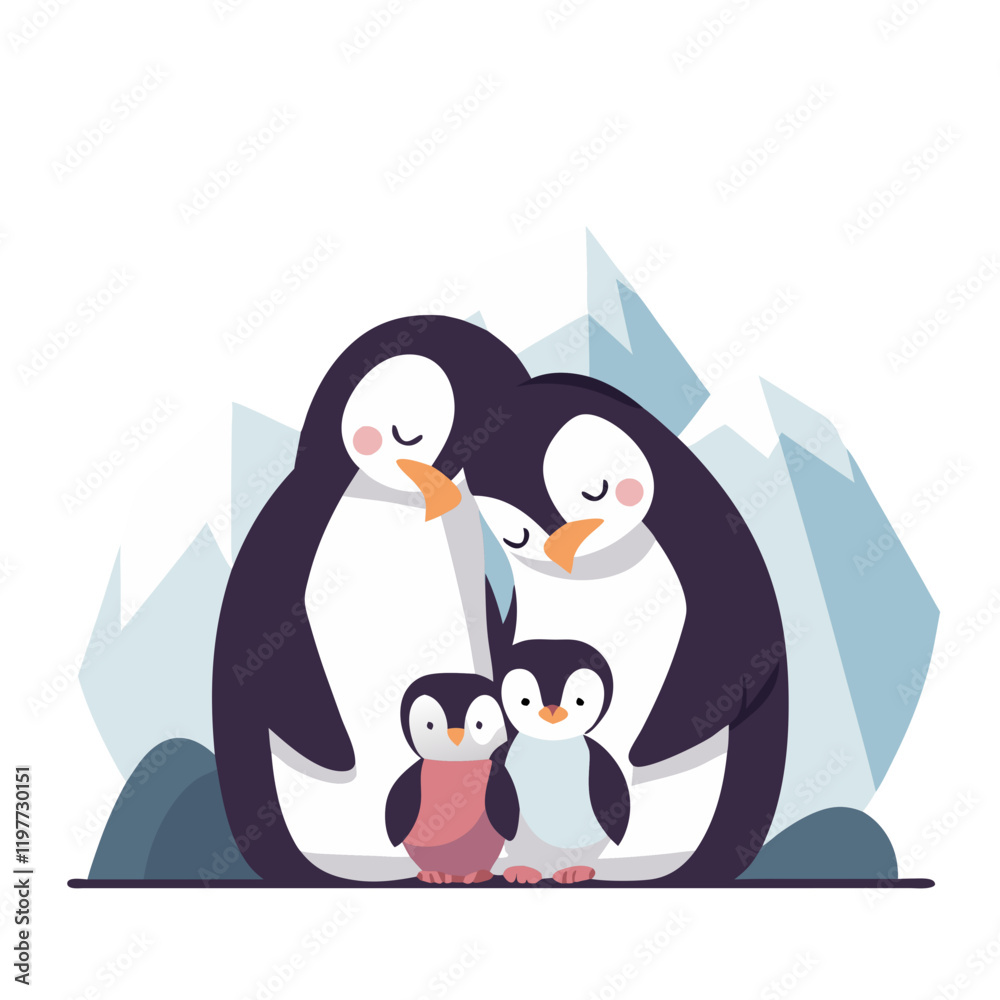 Naklejka premium Penguin family huddling together in Antarctic snow, showcasing love and warmth in a cold environment.