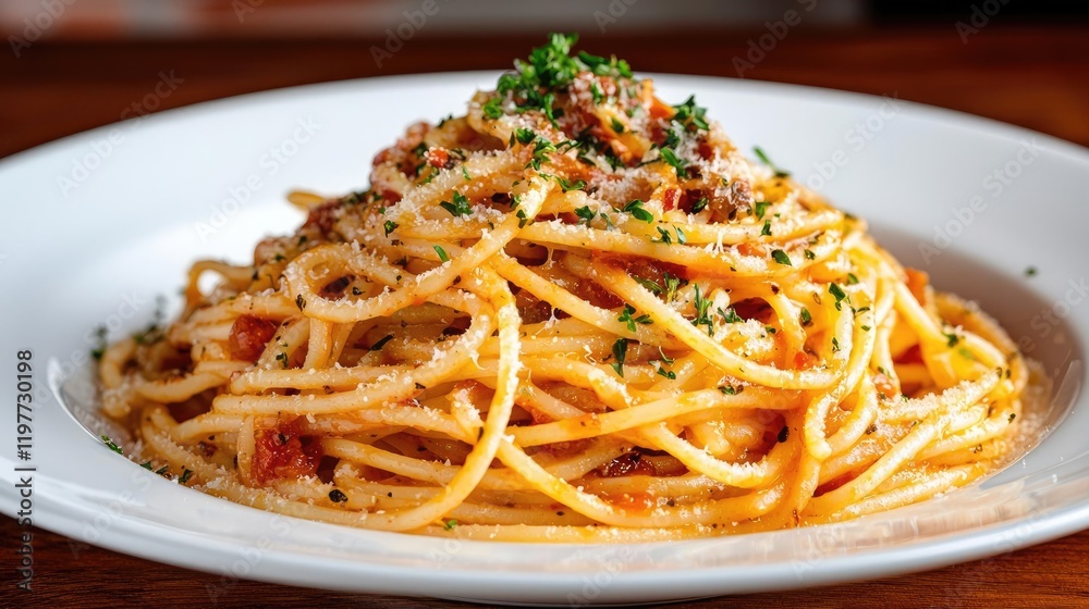 Delicious spaghetti dinner, restaurant setting Delicious spaghetti dinner, restaurant setting