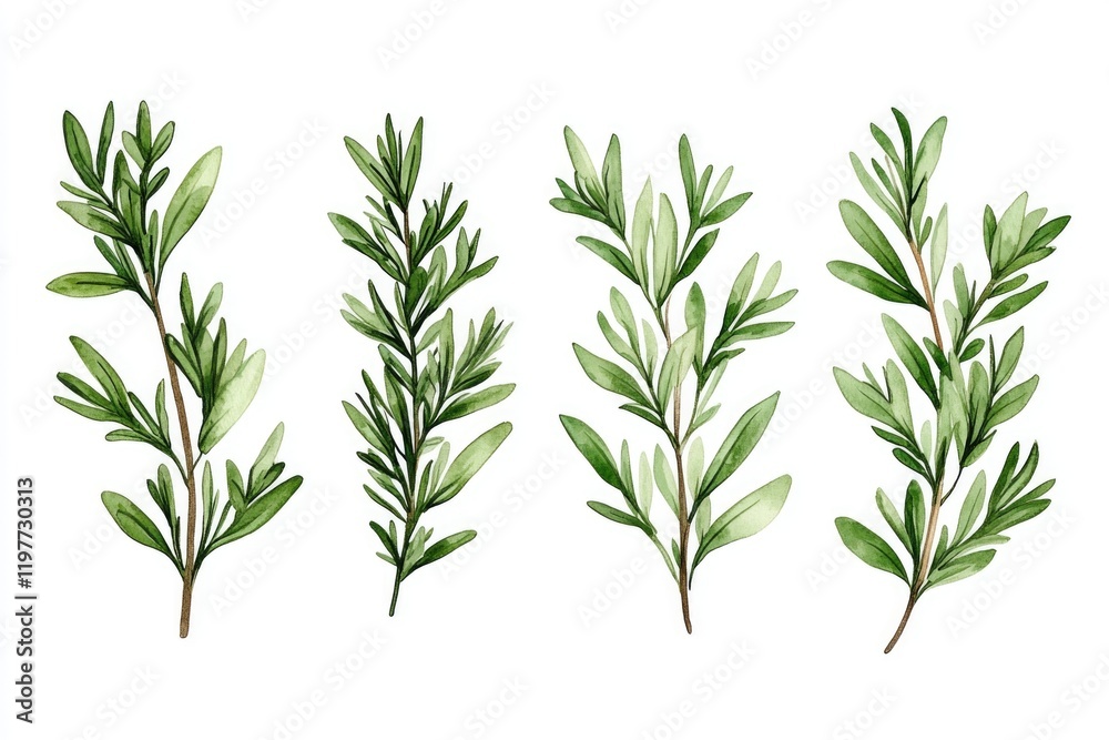 Four different herbs in a square arrangement, simple line art style. Four different herbs in a square arrangement, simple line art style.