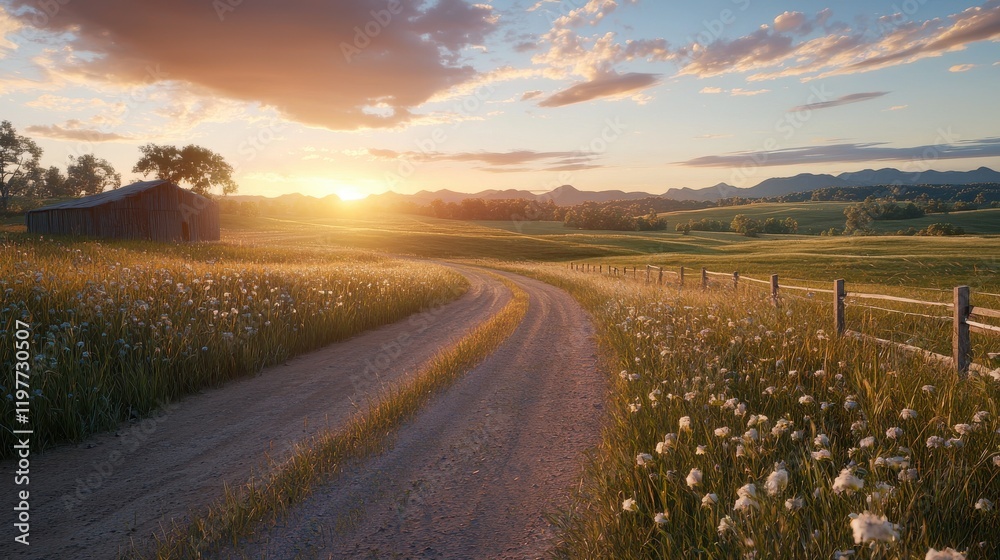 Naklejka premium Scenic sunset over rolling hills countryside road nature serene environment landscape view crimson light details