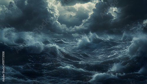 Ocean storm with dramatic waves crashing against rocky shores under dark clouds -