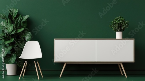 Modern Scandinavian Sideboard with Chair and Plants, Scandinavian minimal sideboard with chair concept. photo